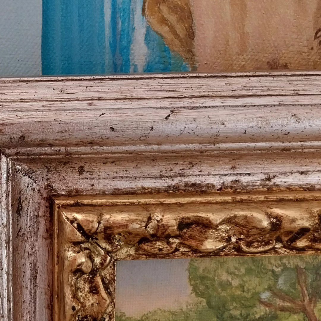 Cornice bicolore foglia oro e argento imitazione, eseguita con mascheratura, ed invecchiata